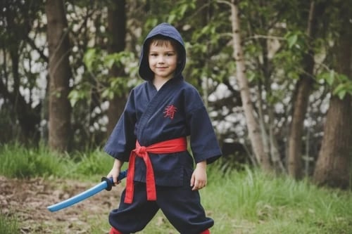 After ninja transformation – traditional warrior-style ninja outfit