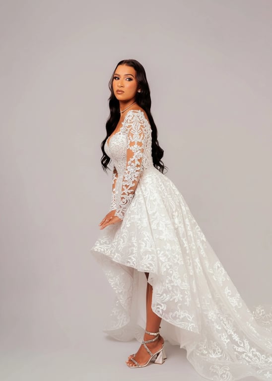 AI wedding dress before pic-woman in a High-Low wedding dress