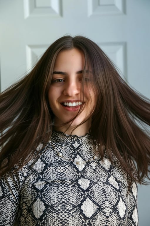 a portrait of a person edited to aggressively lower the hairline, reducing visible forehead height and increasing the impression of thick, full hair around the upper face