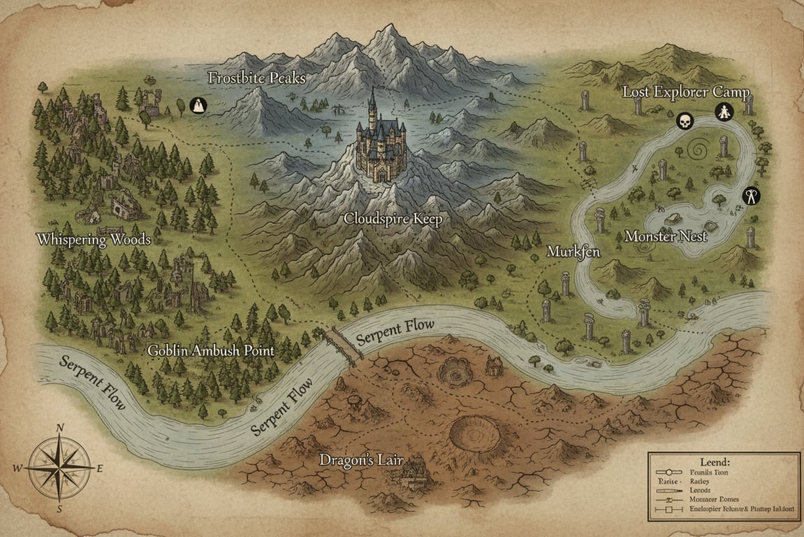a grid-based dungeon map with clear room connections, balanced room distribution, optional secret passages, and modular design suitable for reuse or expansion