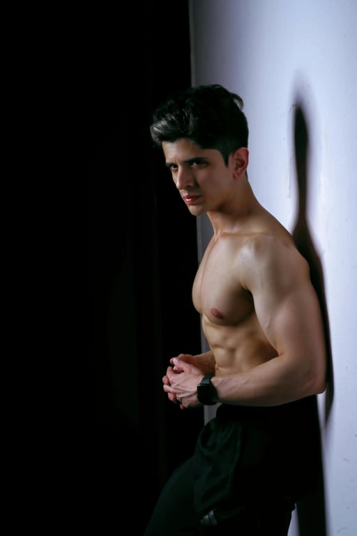 anime tattoo before photo - man standing against the wall