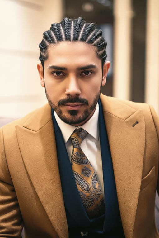 a portrait of a man with curved cornrow patterns, sharp parts, detailed scalp visibility, fresh and clean look, close-up shot.