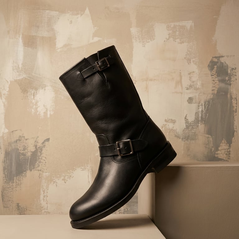 Refine the boot into an artistic studio showcase with soft, atmospheric lighting, gentle shadows, and a minimalist, textured abstract background, emphasizing the product's form and intricate textures.