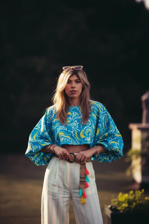 a portrait of a person styled with expressive summer fashion elements, statement summer tops, relaxed-fit bottoms, fresh color accents, confident posture, and clean lighting