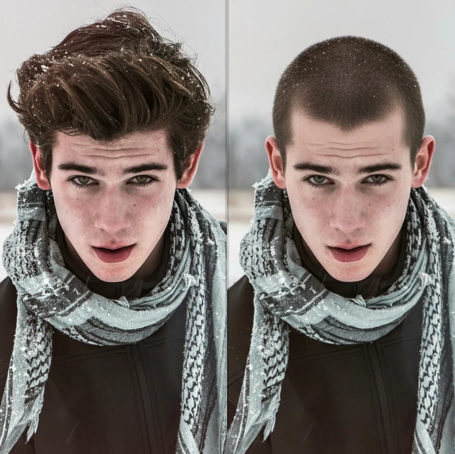 AI buzz cut filter online free - try virtual buzz cut hairstyle instantly with Kaze AI