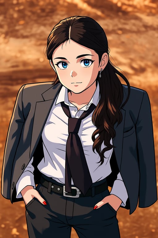 a portrait of a person styled as an anime sword fighter, wearing traditional-inspired layered outfit, wide sleeves, structured silhouette, bold shadows, and strong directional lighting