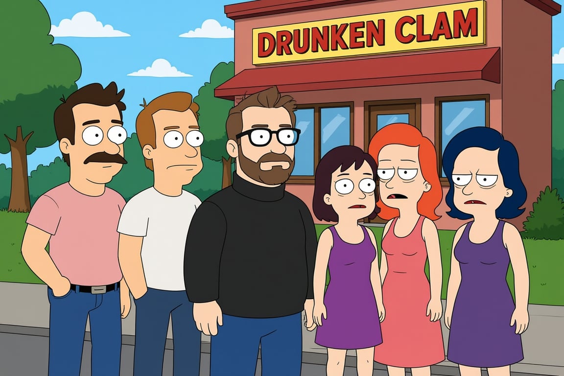 A group shot of multiple original characters in Family Guy style, each with distinct, exaggerated proportions and simple outfits, posing outside the Drunken Clam bar.