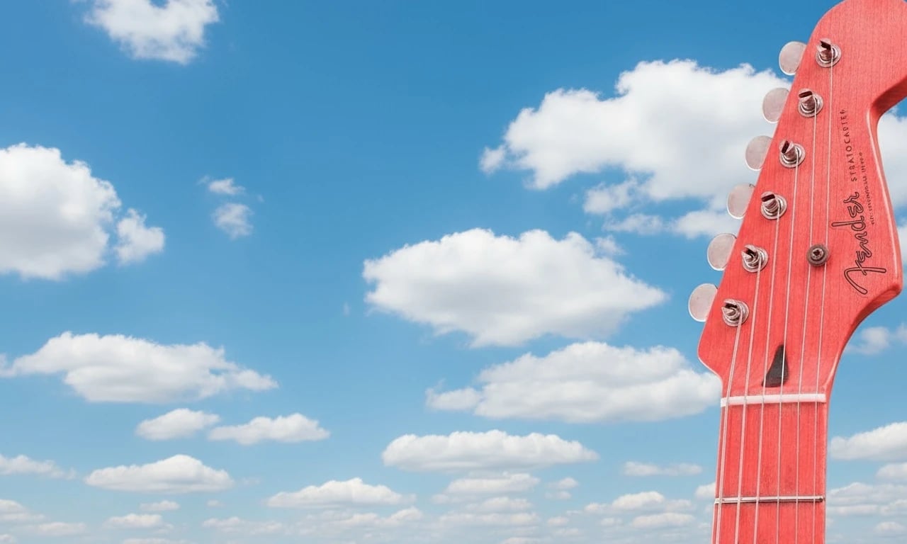 AI green screen remover after photo - red guitar model isolated on blue sky background