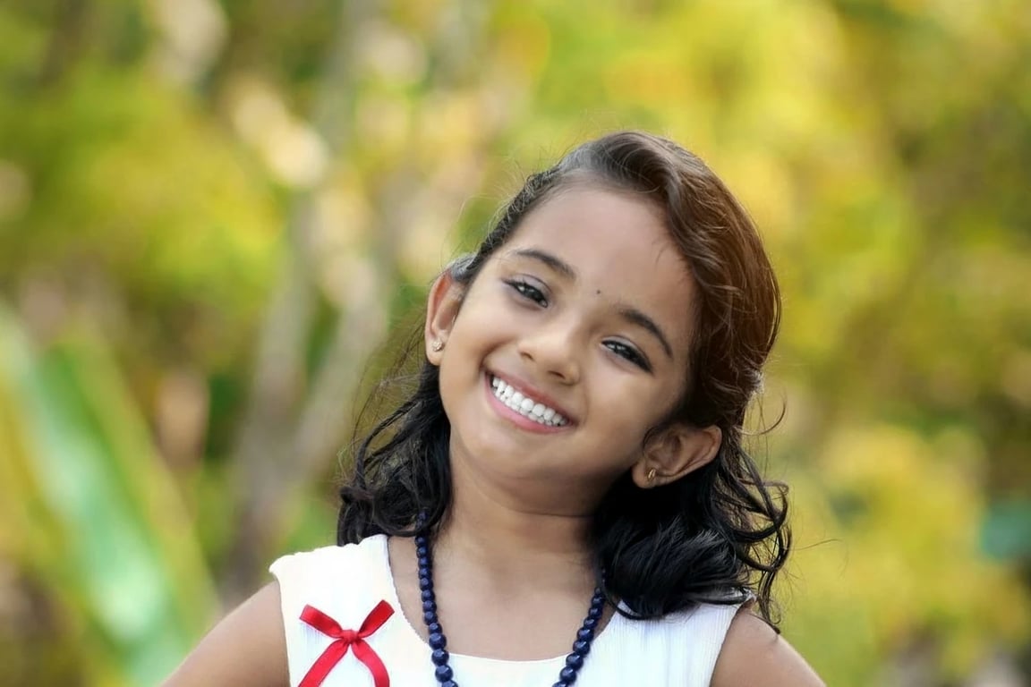 AI teeth whitening filter after photo - little girl in park smiling with visibly whiter teeth