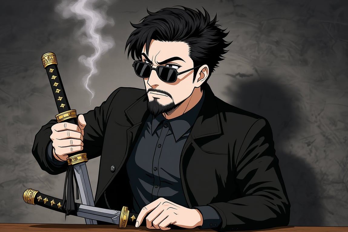 a portrait of a man with a stern expression, in Bleach style, holding a sealed zanpakuto with a detailed hilt and tassel.