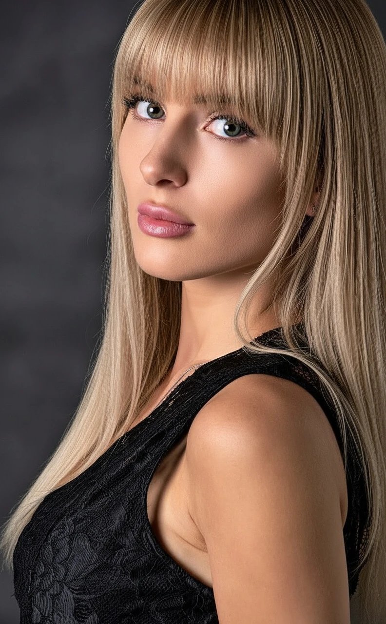 AI bangs filter after transformation - studio photo with natural layered bangs