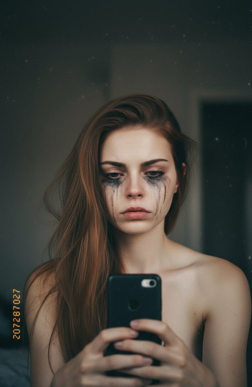 a selfie of a woman, sad selfie generator, looking into camera with teary eyes, smudged mascara effect, front phone camera quality.