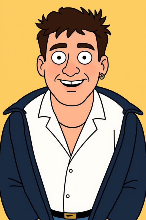 A portrait transformed into Peter Griffin's style, featuring a prominent bald head with three hairs, a thick neck, and a simple collared shirt, cheerful expression.