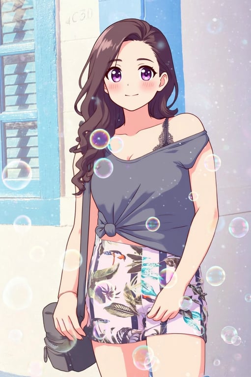 a portrait of a woman edited with an anime kawaii filter, with large sparkling eyes, smooth skin, and colorful anime-style background
