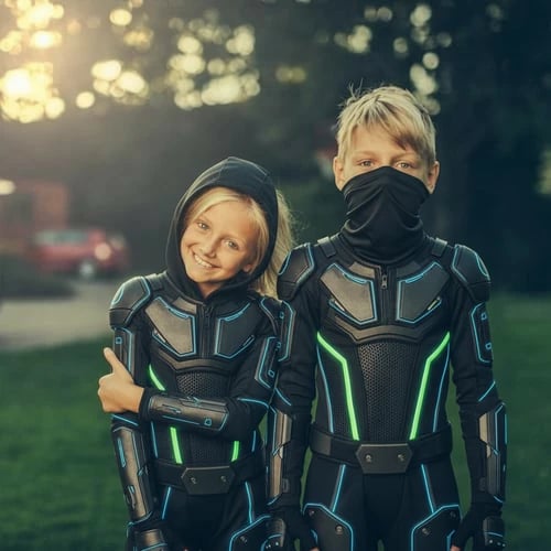 Kids ninja after – child in a sleek stealth tech ninja outfit with neon details