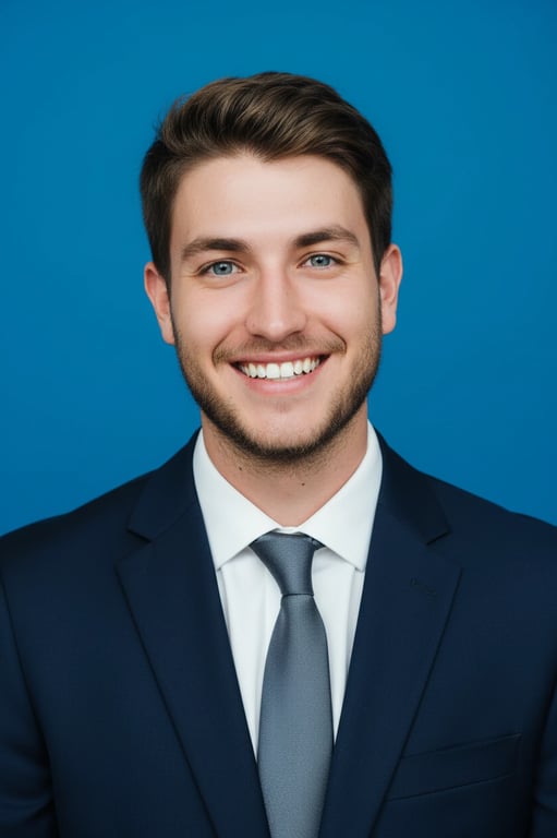 A professional AI-generated LinkedIn headshot of a man in a suit, direct eye contact, perfect teeth visibility, natural skin texture, solid blue backdrop.