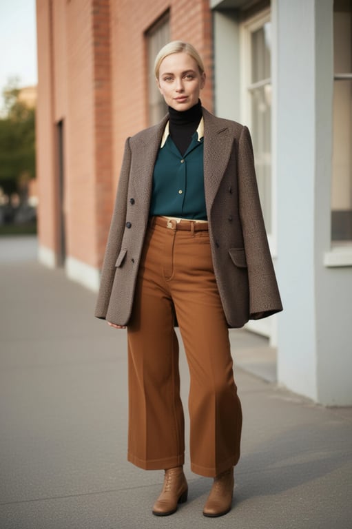 a portrait of a person styled with subtle 70s vintage outfit details, clean flared cuts, simple retro tops, muted warm tones, balanced outfit proportions, relaxed stance, and even lighting
