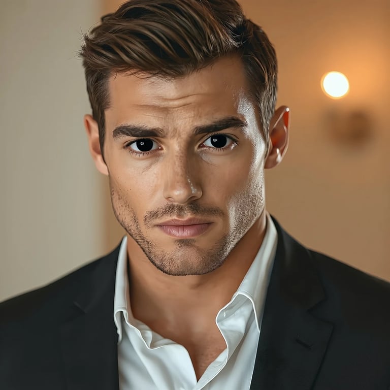 AI eye color changer after transformation - studio photo with icy blue eyes