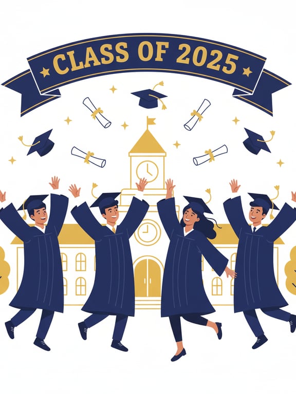 A graduation-themed clipart featuring students in caps and gowns tossing their diplomas in the air, with a classic academic color palette (navy and gold).