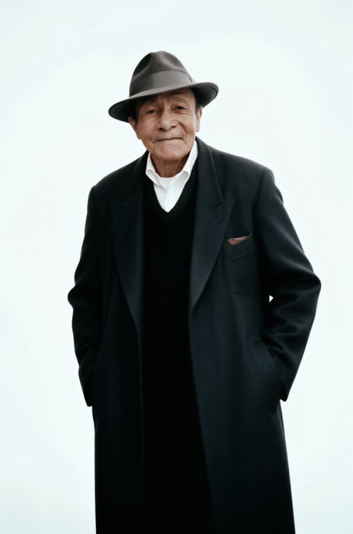 a portrait of a person wearing refined minimalist elderly menswear with a long tailored coat, relaxed straight silhouette, smooth wool or cotton fabric, understated construction, subtle layering, calm composed expression, soft directional lighting
