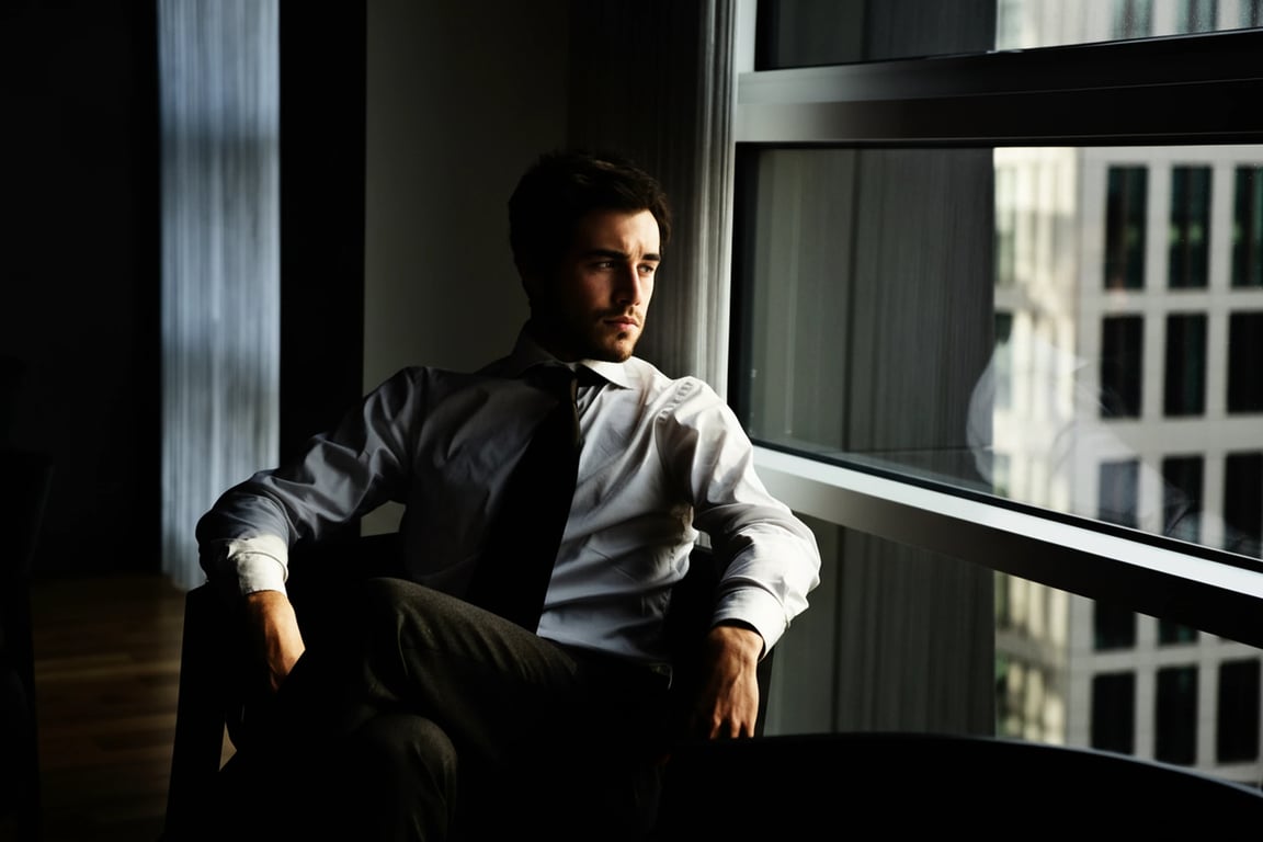 A high contrast portrait of a man, intense shadow detail, glowing highlights on skin and hair, sharp clarity, urban background with hard lines.