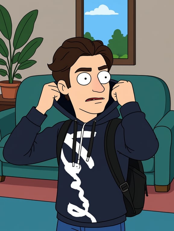 a family guy style character, in the griffin house living room, with stairs and couch, bright flat colors, simplistic perspective.