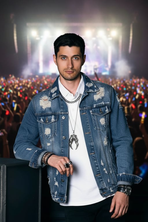 a portrait of a man wearing a distressed denim jacket and statement accessories, against a backdrop of concert crowd lights