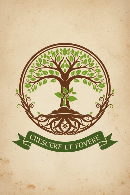 Design a crest that evokes growth and nurturing, using the lush green and rich brown earth tones from the garden photo. Feature a stylized tree whose roots and branches form a continuous circle of protection.