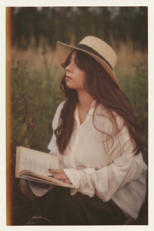 a portrait of a person illustrated with classic instant film qualities, emphasizing softness, calm mood, and nostalgic tone
