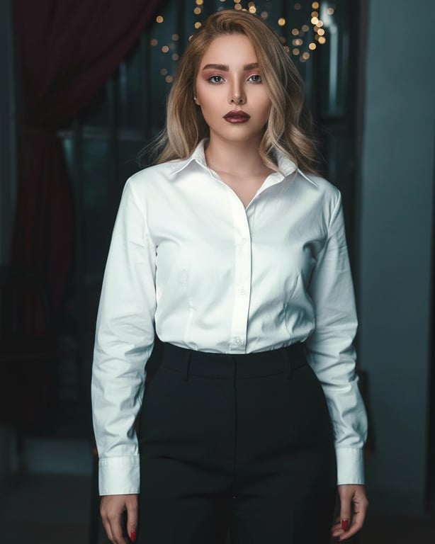 a portrait of a person in a minimalist monochrome outfit with tailored shirt and straight trousers, crisp structure, understated construction, refined simplicity, balanced posture, gentle daylight