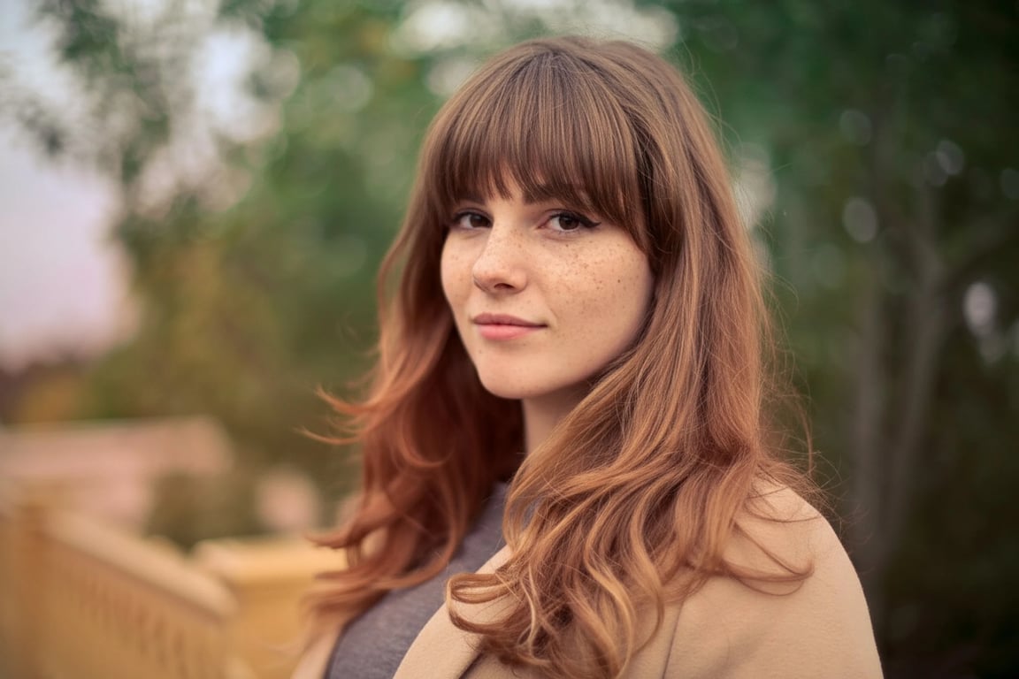 AI bangs filter after transformation - woman portrait with virtual bangs hairstyle