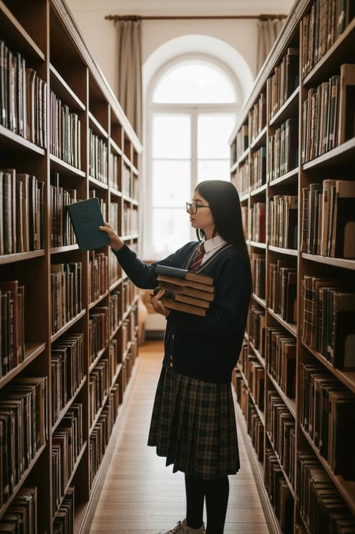a portrait of a student edited into a sophisticated uniform with a cardigan and plaid skirt, holding books in a library aisle