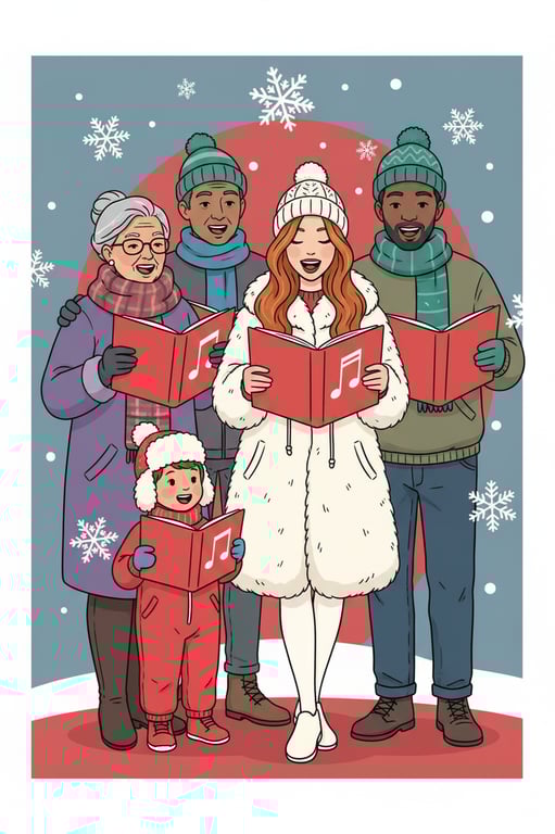 A festive holiday clipart group of people caroling, wearing winter hats and scarves, holding songbooks, with snowflakes in the background, evoking a cheerful community spirit.