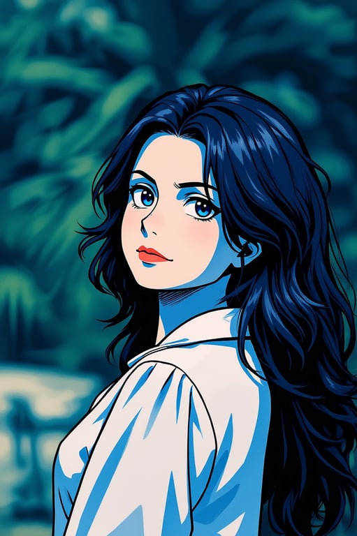 a portrait of a person transformed into a Jujutsu Kaisen–style anime artwork with clean linework, cool tones, and serious expression