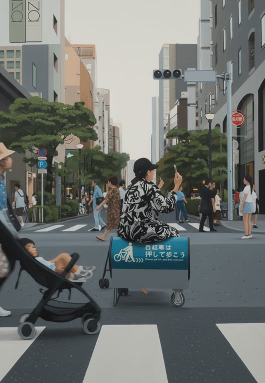 A modern architectural photo rendered as a geometric abstract painting, reducing the scene to basic shapes, lines, and blocks of color.