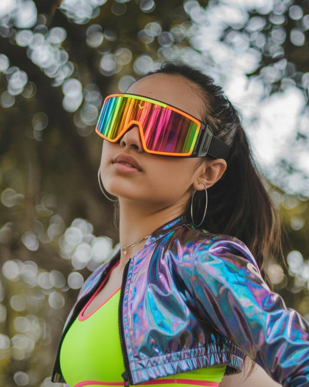 Vibrant holo jacket and neon sportswear paired with oversized rainbow visor in sunlit woods.