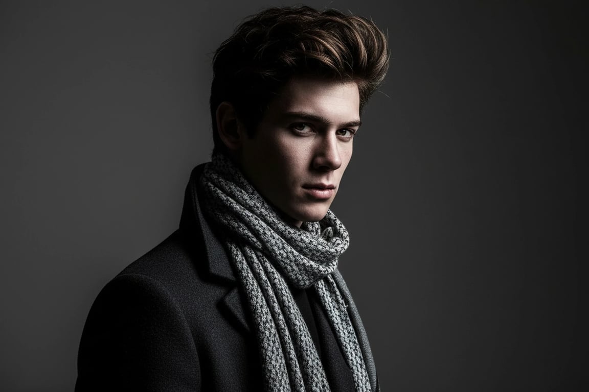 a portrait of a man, high-fashion editorial, dramatic lighting, strong silhouette, muted color palette, minimalist background.