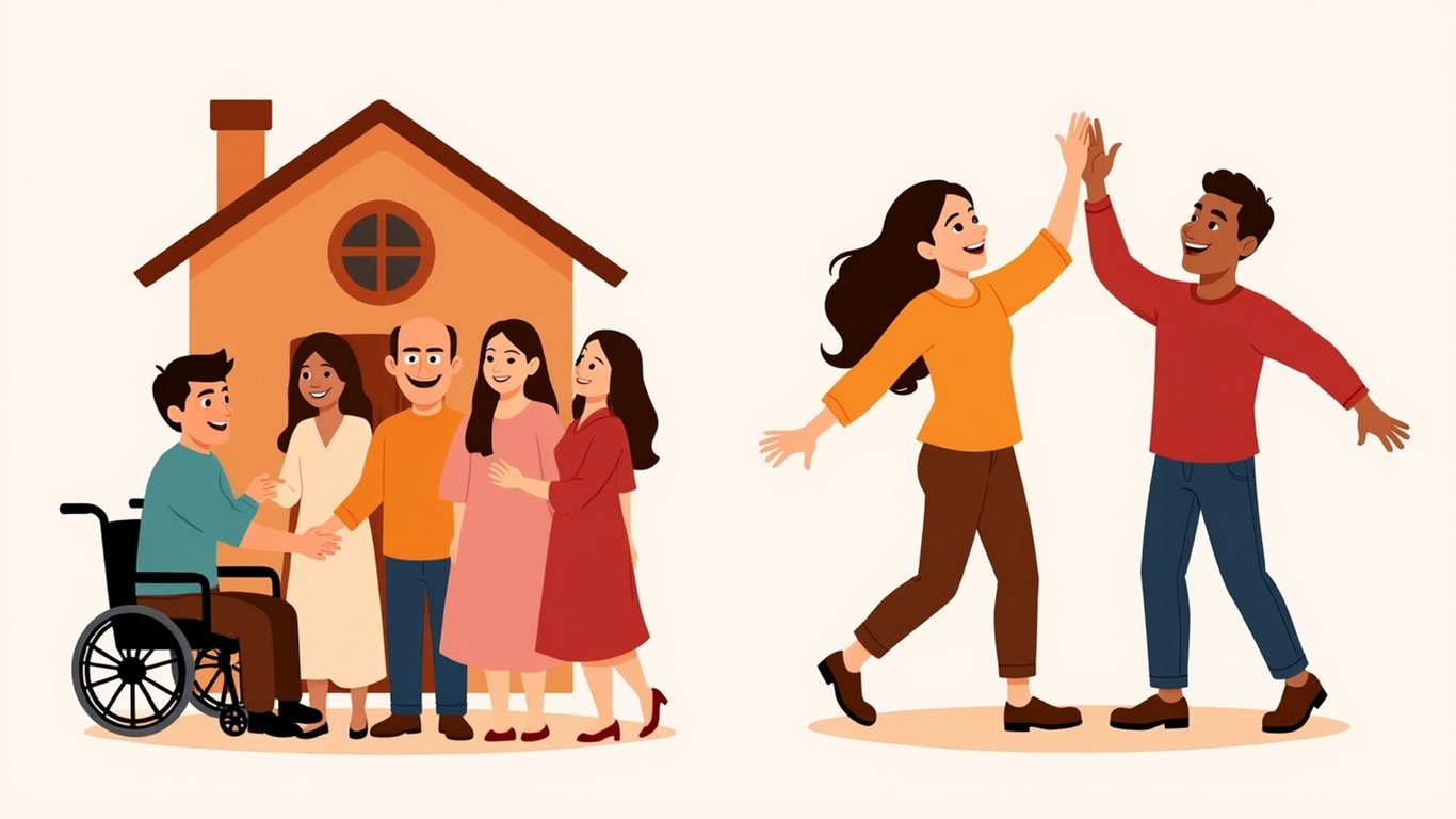 a clipart scene of a diverse family holding hands in a circle around a house, and a separate scene of two friends high-fiving, in a cartoon style with warm colors.