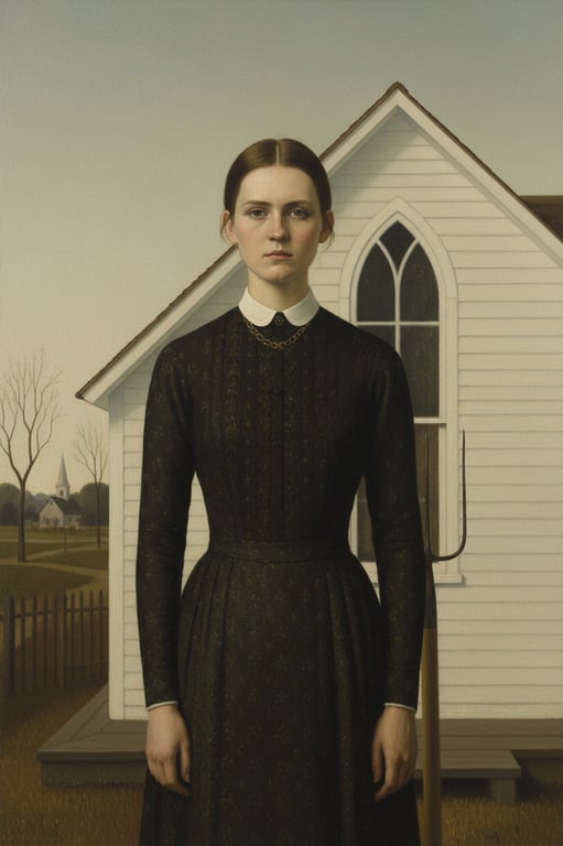 a portrait of a person stylized in an American Gothic art style featuring stiff formality, controlled color palette, realistic but simplified facial detail, and solemn rural mood