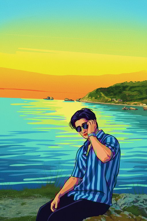 a portrait of a person stylized in a pop art filter aesthetic featuring vivid colors, bold outlines, graphic simplicity, and mass-culture visual language