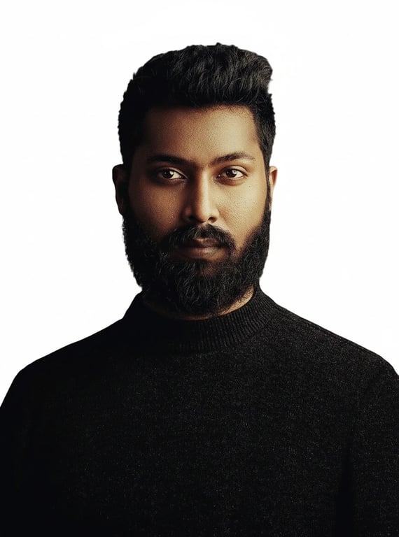 AI green screen remover after photo - man in black turtleneck isolated on plain dark gray background