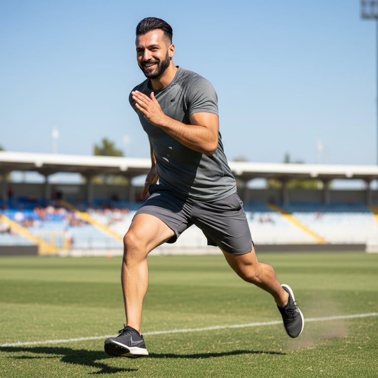 A smiling man in athletic wear, mid-action (like throwing a ball or running), outdoors on a sunny day, dynamic and full of energy, sports photography style.