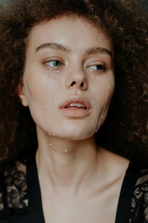 A portrait with a crying filter applied, showing multiple tears streaming down the face, with reflections on the tears, and a slightly blurred background for focus.