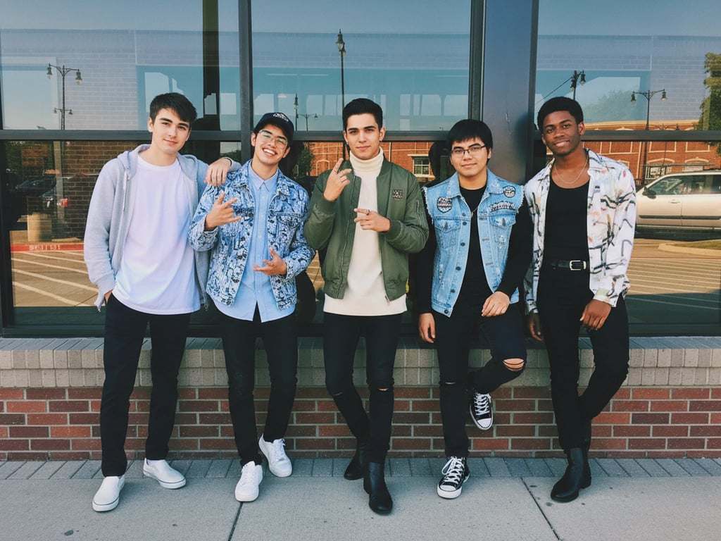 a portrait of several men styled in casual K-pop boy group outfits, featuring slim silhouettes, layered tops, light jackets, cohesive color tones, relaxed confident posture, and soft even lighting