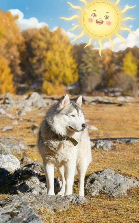 A pet playing in a field, with a playful, slightly exaggerated cartoon-style sun with a smiling face added to the sky, for a cheerful, whimsical edit.