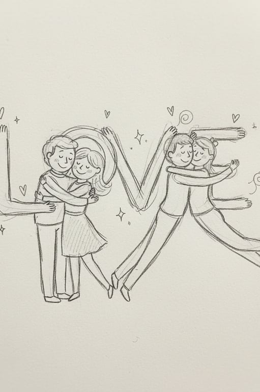 A doodle of the word "LOVE", where the letters are drawn as two embracing couples (the 'L' and 'O' as one couple, the 'V' and 'E' as another) in a simple, heartwarming sketch.