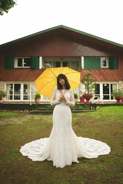 AI wedding dress after pic-woman holding a yellow umbrella in a wedding dress