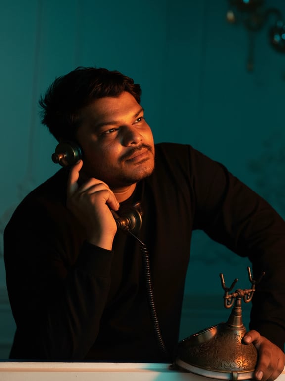 a portrait of a man, teal background with orange key light on face, high contrast, cinematic vibe, detailed skin texture.