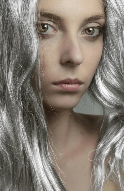 a portrait of a person edited to show silver-gray hair with metallic light response and preserved texture