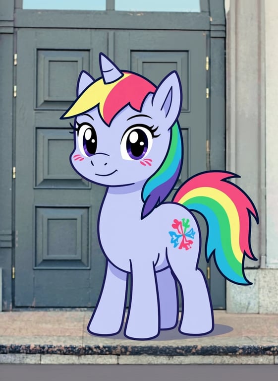 A portrait of a person fully transformed into a true My Little Pony–style animated pony, enforcing strict quadruped anatomy with four hooves on the ground, horizontal spine, rounded barrel body, oversized head and eyes, rounded muzzle, no arms, no hands, no fingers, no humanoid limbs, no upright posture, identity mapped only through eye expression, mane shape derived from original hairstyle, and color palette inspired by the original image, preserving the original background, camera angle, and lighting, rendered in flat pastel cel-shaded cartoon style with clean bold outlines and a personalized cutie mark on the flank.
